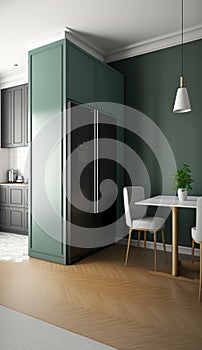 Blank sage green wall partition, large tree in pot on parquet floor in luxury. AI Generated