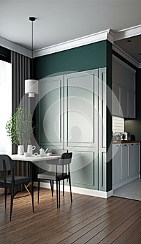 Blank sage green wall partition, large tree in pot on parquet floor in luxury. AI Generated