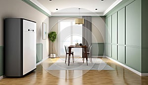 Blank sage green wall partition, large tree in pot on parquet floor in luxury. AI Generated