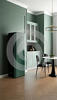 Blank sage green wall partition, large tree in pot on parquet floor in luxury. AI Generated