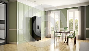 Blank sage green wall partition, large tree in pot on parquet floor in luxury. AI Generated