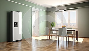 Blank sage green wall partition, large tree in pot on parquet floor in luxury. AI Generated