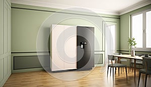 Blank sage green wall partition, large tree in pot on parquet floor in luxury. AI Generated