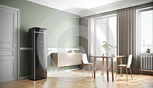 Blank sage green wall partition, large tree in pot on parquet floor in luxury. AI Generated