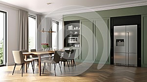 Blank sage green wall partition, white baseboard on parquet floor in luxury