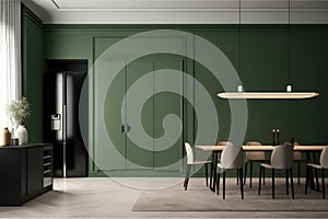 Blank sage green wall partition, white baseboard on parquet floor in luxury, modern kitchen, AI