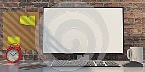 Blank screen on a computer desktop monitor, brickwall background. 3d illustration
