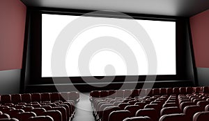 Blank screen in empty cinema hall. 3D rendered illustration