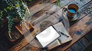 Blank screen tablet, book, pen and coffee mug on wooden desk, Top view flat lay