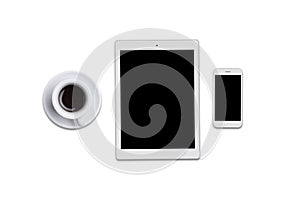 Blank screen tablet, smart phone and cup of coffee isolated over white background. Top view of modern gadgets lying on flat surfac