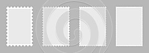 Blank set of 4 postage stamps. Paper postmarks for mail letter isolated on grey background. Vector illustration