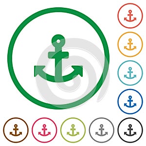 Set of anchor color round outlined flat icons on white background