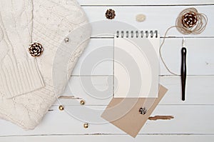 Blank sheet of design paper for writing. Christmas decor view from above. Flatlay