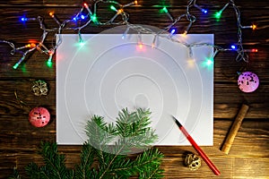 Blank sheet for writing New Year`s wishes, congratulations and gifts. Happy New Year and Merry Christmas