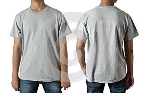 Blank shirt mock up template, front and back view, Asian teenage male model wearing plain heather grey t-shirt isolated on white.