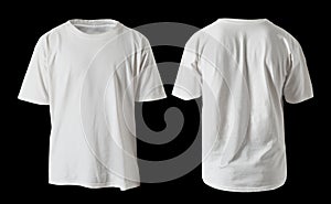 Blank shirt mock up template, front and back view, plain white t-shirt isolated on black. Tee design mockup presentation