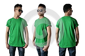 Blank shirt mock up template, front, side and back view, Asian teenage male model wearing plain green t-shirt  on white.