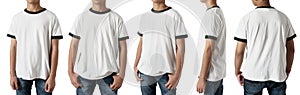 Blank shirt mock up template, front, side and back view, Asian teenage male model wearing plain white ringer t-shirt isolated on