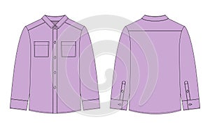 Blank shirt with pockets and buttons technical sketch. Lilac color. Unisex casual shirt mock up