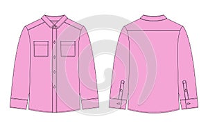 Blank shirt with pockets and buttons technical sketch. Pink color. Unisex casual shirt mock up