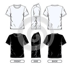 Blank Short Sleeve Black White Color T-shirt Template, Vector Image On White Background