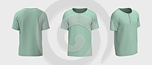 Blank short-sleeve henley t-shirt mockup. Front, back and side views, design presentation for print, 3d illustration