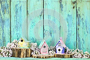 Blank sign with colorful birdhouses and flowers