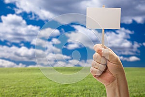 Blank Sign in Fist Over Grass Field and Sky