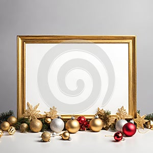 Blank sign with gold silver red Christmas decorations ornaments, AI generated