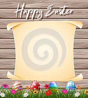 Blank sign in the grass field with decorated Easter eggs