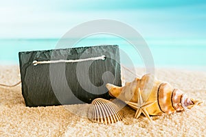 Blank sign on a tropical beach with an azure ocean