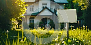 Blank signboard on grass in front of house. Sale of the house. Copy space.