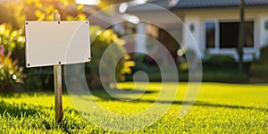 Blank signboard on grass in front of house. Sale of the house. Copy space.
