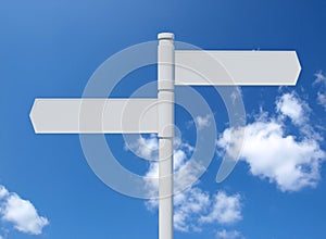 Blank signpost on a blue sky. Clouds. Isolated.