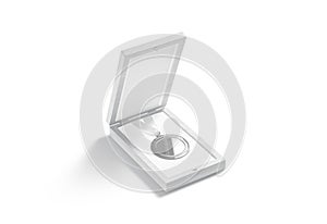 Blank silver medal in box mockup, side view