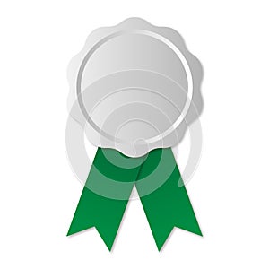 Blank silver medal with green ribbon, vector illustration