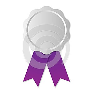 Blank silver medal with purple ribbon, vector illustration