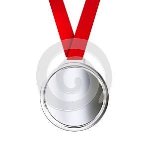 Blank silver medal with red ribbon isolated