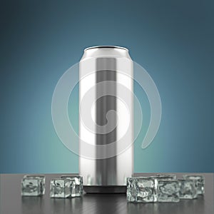 Blank silver metal beer coda can mock-up with ice cubes standing on the polished carbon fiber floor 3d render photo