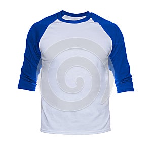 Blank sleeve Raglan t-shirt mock up templates color white/blue front view on white background