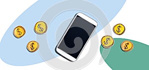 Blank smartphone with coins - earn online theme