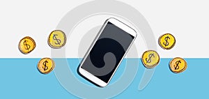 Blank smartphone with coins - earn online theme