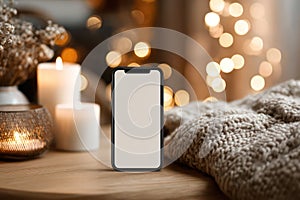 Blank Smartphone Screen in Festive, Cozy Indoor Setting