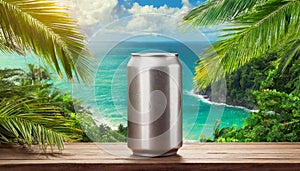 Blank soda can, tropical background