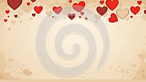 Blank space card with red hearts on beige paper background. St. Valentine's day poster. AI Generated