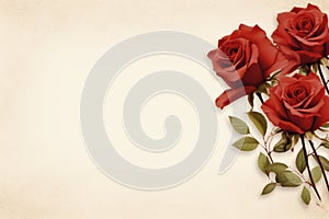 Blank space card with red roses on beige paper background. St. Valentine's day poster. AI Generated