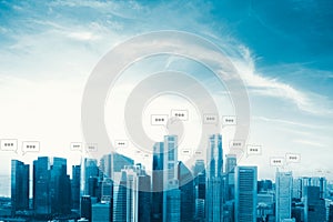 Blank space for text on city and bubble chat for communication.