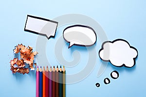 Blank speech bubble and color pencil, creativity