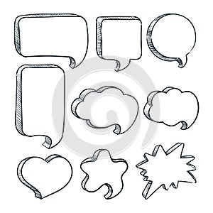 Blank speech bubbles frames with copy space. Vector sketch illustration. Hand drawn empty clouds with place for text