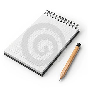 Blank Spiral Notebook and Wooden Pencil on White Background